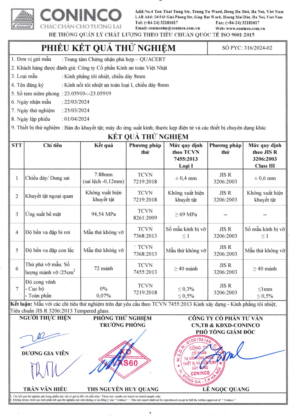 Phiếu kết quả thử nghiệm kính phẳng tôi nhiệt 8mm của Công ty cổ phần Kính an toàn Việt Nhật